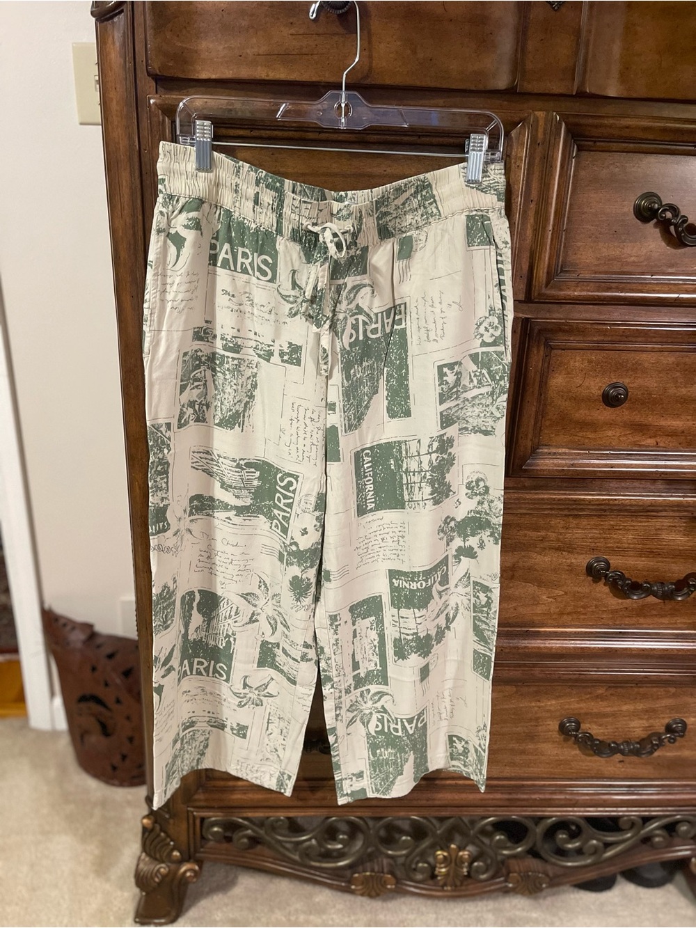 Urban Outfitters Cream Wide-Leg Pants with Green Print